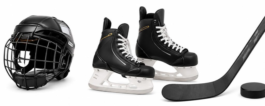 A hockey helmet, hockey skates, a hockey stick and puck all lined up.