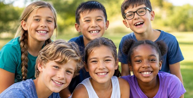Six kids, around the age of 10, post together outside on a sunny day, smiling at the camera.